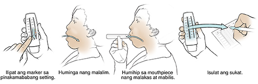 Limang hakbang sa paggamit ng peak flow meter.